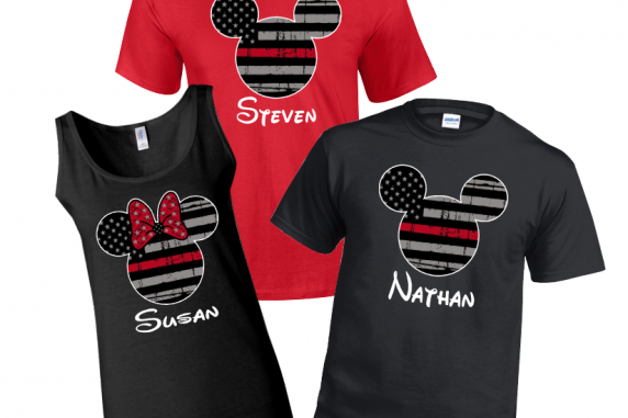 Disney Family Thin Red Line  USA Flag T-Shirts - Black / Red